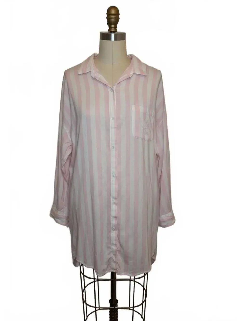 Victoria’s Secret Button Down Pink White Stripes Nightgown Size Medium Modest